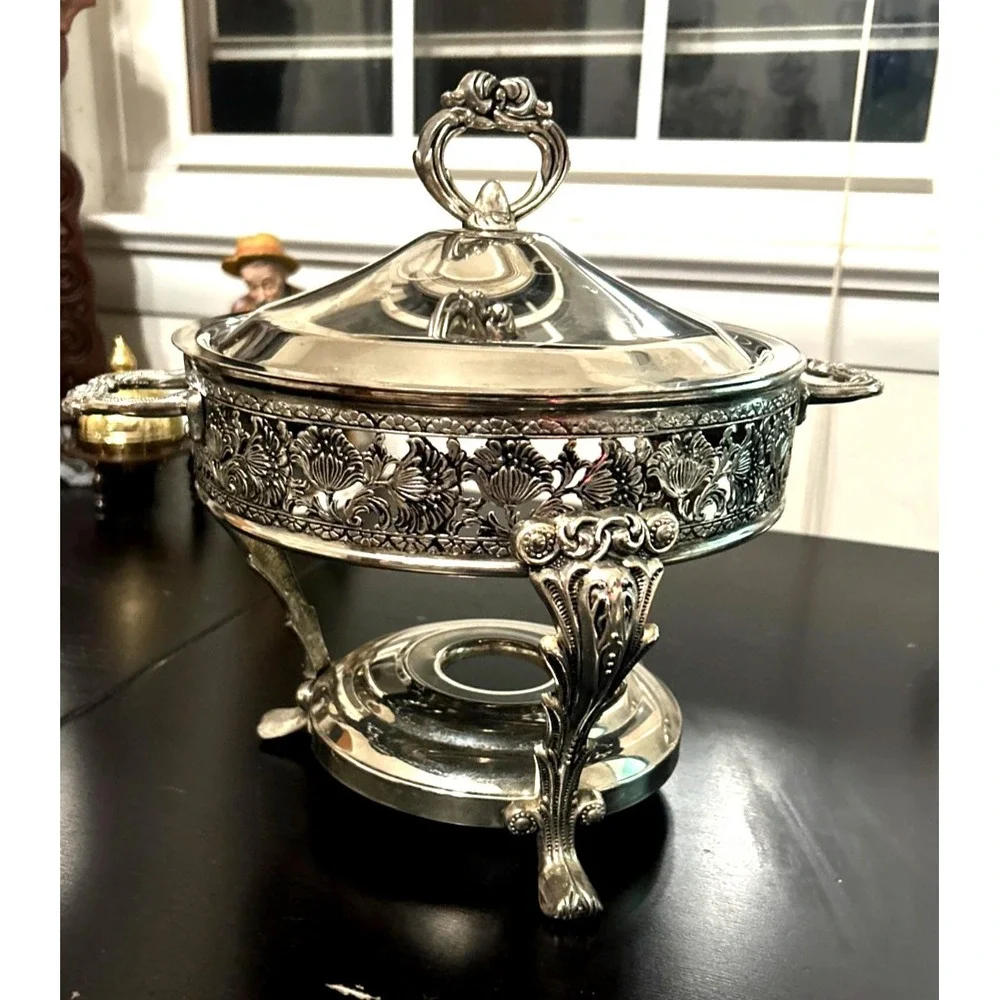 Vintage Silver Plated Chafing Dish 2 Qt Candle Warmer Ornate Serving Dish
